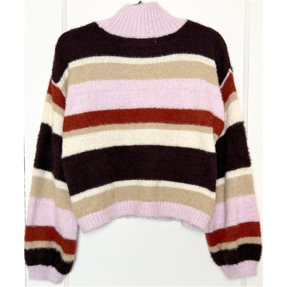 LOUNA Cropped Striped Fuzzy Knit High Mock Neck Long Balloon Sleeves Sweater XL - Picture 7 of 10